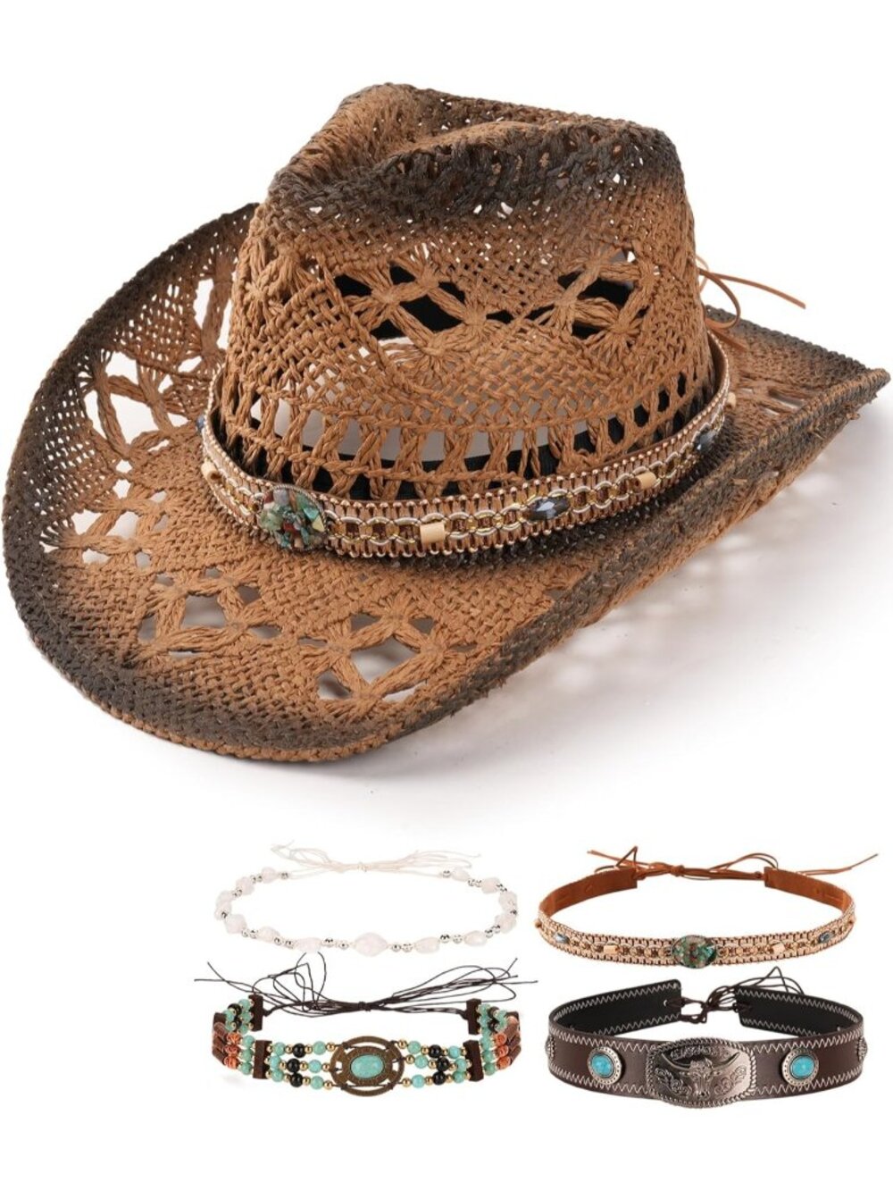 Mens Khaki Hook and Loop 4-Style Decorative Bands Stiff Wide Brim Western Style